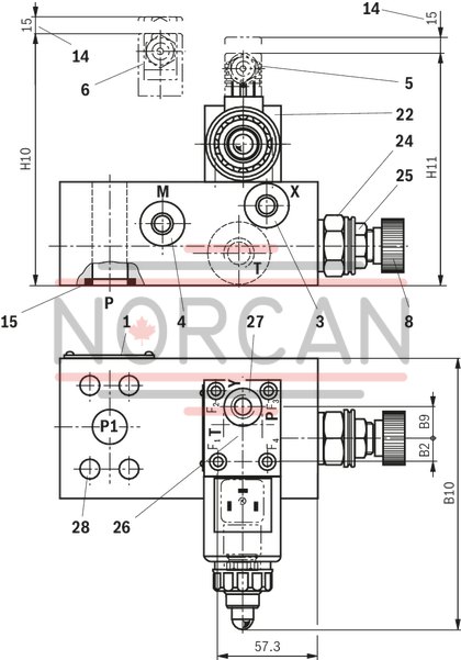 technical illustration-R901366978-Zero-pressure start-up and circulation of the pump Intended for direct mounting onto the SAE pressure port of the pump Low circulation pressure due to short distance Low compression volume for soft switching to depressurized circulation Quick pressure build-up 4 adjustment types for pressure adjustment, optionally<br>
&bull; Rotary knob<br>
&bull; Sleeve with hexagon and protective cap<br>
&bull; Lockable rotary knob with scale<br>
&bull; Rotary knob with scale 5 pressure ratings, optional Low noise level due to direct flange mounting at the pump