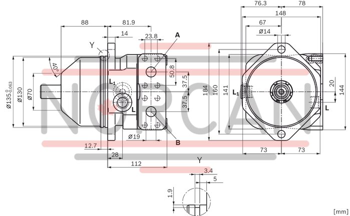 technical illustration-R902504508-Space-saving construction due to recessed mounting flange Approved for high speeds Long service life High power density Low operating noise Optional with integrated anti-cavitation valve, e.g. for fan drives Optional with speed sensor Swashplate design