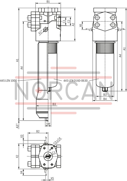 technical illustration-R928044064-Filters for inline installation Special highly efficient filter media Filtration of very fine particles and high dirt holding capacity across a broad pressure differential range High collapse resistance of the filter elements Standard version equipped with mechanical/visual maintenance indicator with memory function Optional equipment with various electrical switching elements, modular design Optional bypass valve integrated in the filter housing Size 1000 with 2 piece filter bowl High filtration performance due to the tangential cyclone-effect flow path Optional measuring port