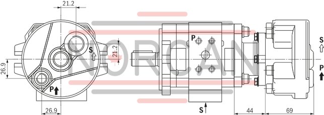 technical illustration-R900932141-Fixed displacement Low operating noise Low flow pulsation High efficiency also at low speed and viscosity due to sealing gap compensation Suitable for broad viscosity and speed ranges All frame sizes and sizes can be arbitrarily combined Can be combined with internal gear pumps, radial piston pumps and external gear pumps