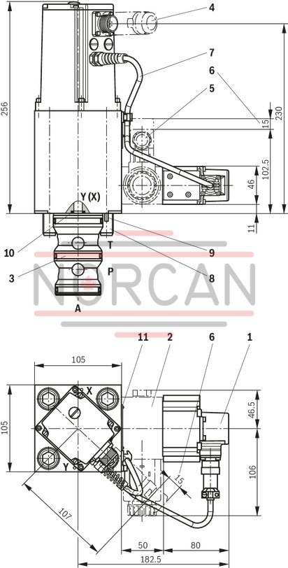 technical illustration-R900974179-High-response valve in block installation design Suitable for position, pressure, force and velocity control Pilot valve: 2-stage, mechanically returned Sercos valve NG6 or 10, trimmed, opens the main stage from A to T in case of power failure and applied pilot pressure Main stage with position control Integrated electronics (OBE) Typical applications:<br>
Presses<br>
Die casting machines<br>
Nibbling axes