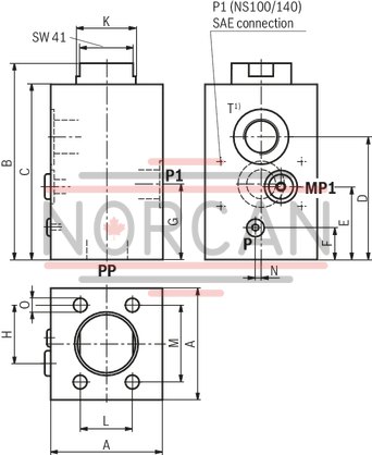 technical illustration-R900538904-The pump preload valve SYDZ 0001 if the flow of control pumps A10VSO with SYDFE adjustment has to be controllable at an operating pressure of less than 12&nbsp;bar and only internal pilot fluid is available for the adjustment. The pump preload valve SYDZ 0001 has integrated preload and maximum pressure limitation. Notice: The pressure limitation is determined according to the ordering code (see type key) and is not adjustable. The pump preload valve SYDZ 0001 is directly fastened at the SAE pressure connection of the variable displacement pump A10VSO (see RE 92711 and RE 92714).