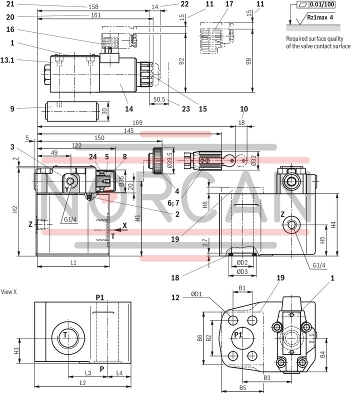 technical illustration-R901126760-Zero-pressure start-up and circulation of the pump For direct mounting to the SAE pressure port of the pump Quick pressure build-up 4 adjustment types for pressure adjustment, optionally<br>
&bull; Rotary knob<br>
&bull; Sleeve with hexagon and protective cap<br>
&bull; Lockable rotary knob with scale<br>
&bull; Rotary knob with scale 5 pressure ratings, optional Solenoid-actuated unloading via a built-on directional valve Integrated check valve, optional