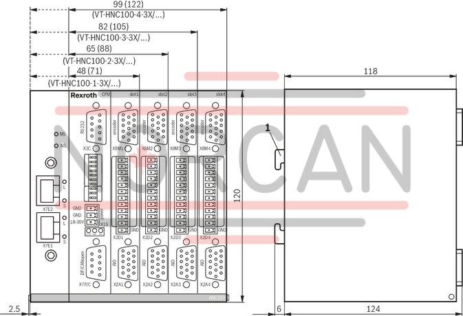 technical illustration-R901134614-For controlling 1 to 4 axes NC programming WinPed 7 operating software<br>
Not released for Windows 10! CE conformity according to EMC directive 2004/108/EC Freely configurable controller variants<br>
- Position control<br>
- Force control<br>
- Pressure control<br>
- Alternating position/pressure or position/force controls<br>
- Velocity control<br>
- Path-dependent decelerating<br>
- Synchronism (master/slave or mean principle) Bus connection (Sercos, PROFINET RT, EtherNet/IP) Actual value detection<br>
- Positional transducer: Incremental<br>
- Positional transducer: Absolute (SSI)<br>
‑ Analog 0 to &plusmn;10 V and 0 (4) to 20 mA Actuating variable output: voltage or current Service interface: RS232, optional TCP/IP