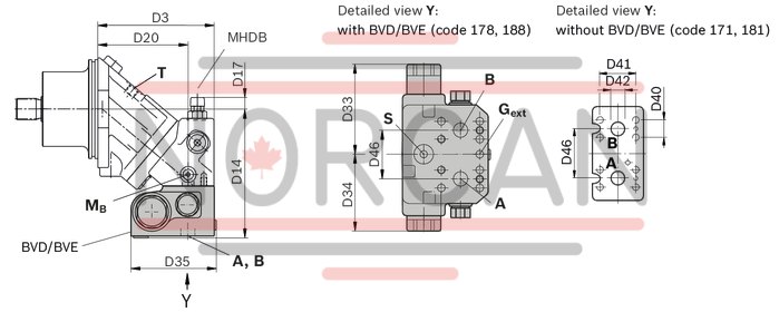 technical illustration-R902155652-Space-saving construction due to recessed mounting flange Easy to install, simply slide into the mechanical gearbox High power density Very high total efficiency High starting efficiency Optional with integrated pressure relief valve Optional with mounted addifitonal valve: counterbalance valve (BVD/BVE), flushing and boost-pressure valve Bent-axis design