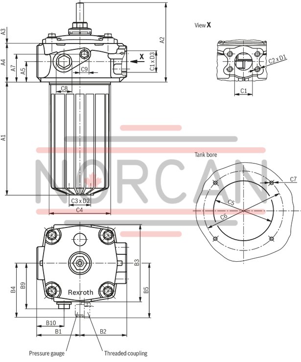 technical illustration-R928054725-Filter f&uuml;r Tankanbau Special highly efficient filter media Filtration of very fine particles and high dirt holding capacity across a broad pressure differential range High collapse resistance of the filter elements Optionally equipped with mechanical optical maintenance indicator with memory function Optional equipment with various electrical switching elements, modular design Standardm&auml;&szlig;ige Filterausstattung mit einem Bypassventil im Filtergeh&auml;use integriert Optional measuring port