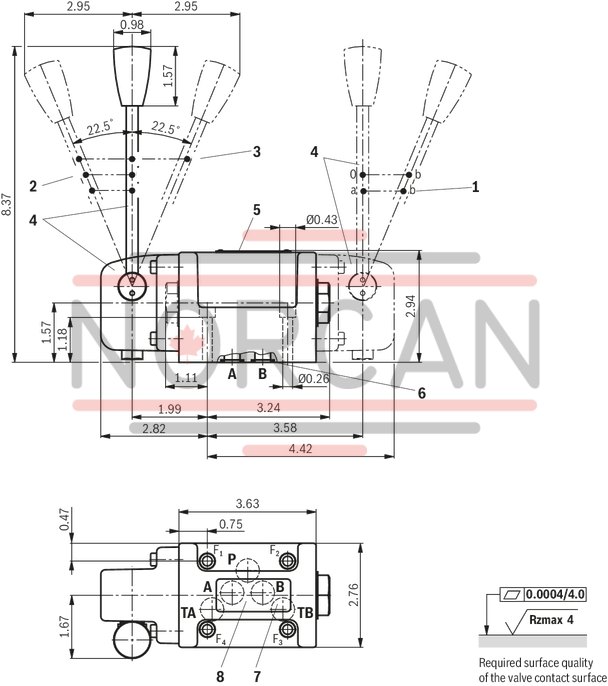 technical illustration-R901362284-4/3-, 4/2- or 3/2-way version Porting pattern according to ISO&nbsp;4401-05-04-0-05 Type of actuation: hand lever
