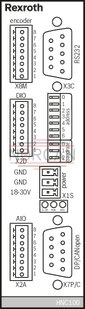 technical illustration-R901134614-For controlling 1 to 4 axes NC programming WinPed 7 operating software<br>
Not released for Windows 10! CE conformity according to EMC directive 2004/108/EC Freely configurable controller variants<br>
- Position control<br>
- Force control<br>
- Pressure control<br>
- Alternating position/pressure or position/force controls<br>
- Velocity control<br>
- Path-dependent decelerating<br>
- Synchronism (master/slave or mean principle) Bus connection (Sercos, PROFINET RT, EtherNet/IP) Actual value detection<br>
- Positional transducer: Incremental<br>
- Positional transducer: Absolute (SSI)<br>
‑ Analog 0 to &plusmn;10 V and 0 (4) to 20 mA Actuating variable output: voltage or current Service interface: RS232, optional TCP/IP