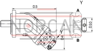 technical illustration-R902202055-Large variety of available nominal sizes allows exact adjustment to the application High power density Very high total efficiency High starting efficiency Working ports SAE flange or thread Optional with integrated pressure relief valve Optional with mounted addifitonal valve: counterbalance valve (BVD/BVE), flushing and boost-pressure valve Bent-axis design