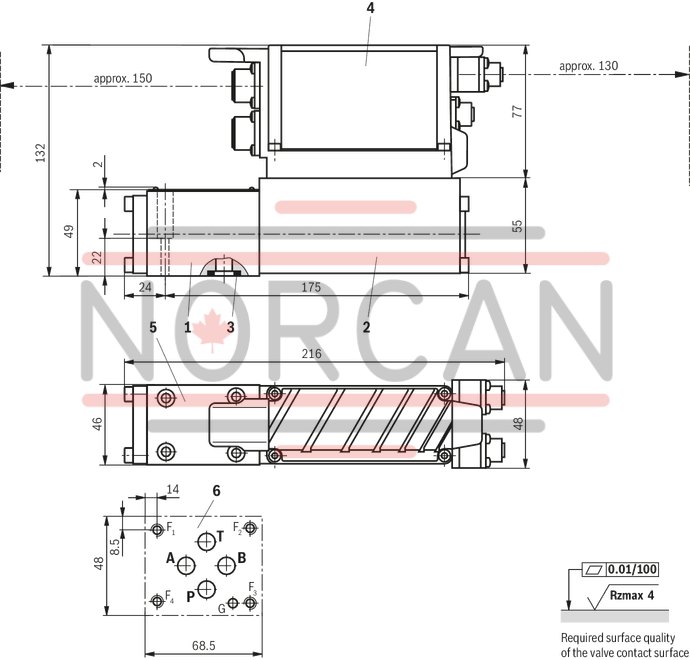 technical illustration-R901355172-Direct operated high-response valves with control spool and sleeve in servo quality Operated on one side, 4/4 fail-safe position in switched-off condition Integrated digital axis control functionality (IAC-R) for:<br>
- Position control with underlying velocity control<br>
- DSC functionality Analog sensor interface for current and voltage Digital sensor interfaces for:<br>
- 1 x length measurement system 1 Vpp or<br>
- 1 x length measurement system SSI or<br>
- 1 x length measurement system EnDat 2.2 Clock-synchronized command value presetting according to PROFIdrive profile V4.0<br>
- Telegram 5 or 105 PROFIBUS DP/V1, DP/V2 Quick start-up via PC and commissioning software