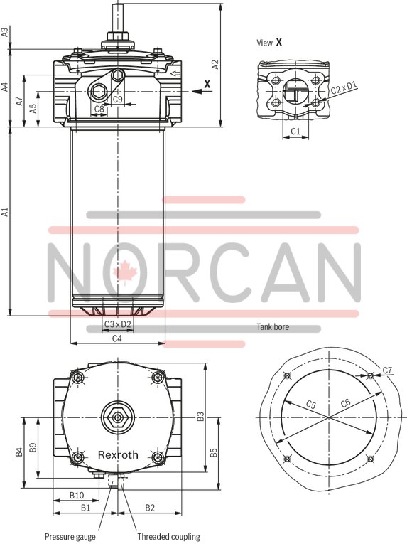 technical illustration-R928054725-Filter f&uuml;r Tankanbau Special highly efficient filter media Filtration of very fine particles and high dirt holding capacity across a broad pressure differential range High collapse resistance of the filter elements Optionally equipped with mechanical optical maintenance indicator with memory function Optional equipment with various electrical switching elements, modular design Standardm&auml;&szlig;ige Filterausstattung mit einem Bypassventil im Filtergeh&auml;use integriert Optional measuring port