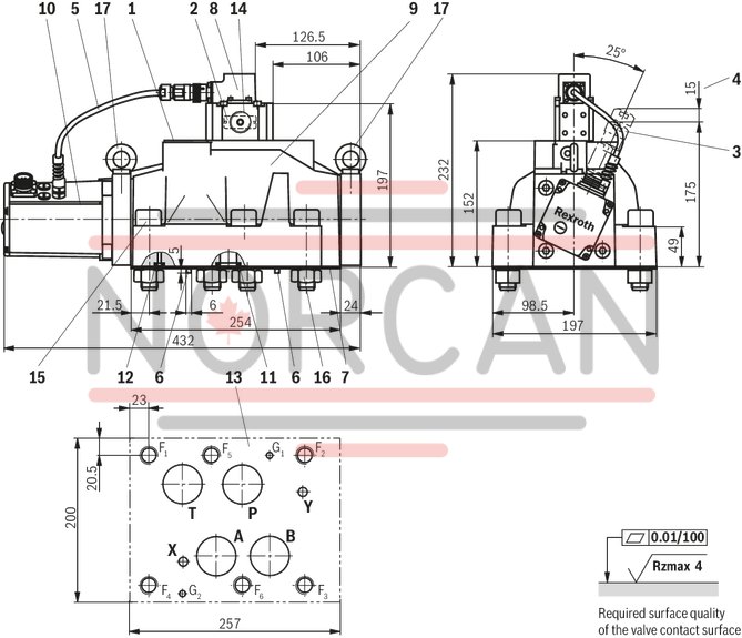 technical illustration-R901207126-Valve to control position, force, pressure or velocity 3-stage servo valve with electrical position control of the control spool of the 3rd stage, position sensing of the control spool by means of an inductive position transducer 2-stage pilot control valve of size 6 with high dynamics 1st stage nozzle/flapper plate amplifier Filter for 1st stage freely accessible and replaceable from the outside For subplate mounting: Porting pattern according to ISO 4401 Can also be used as 3-way version Valve and integrated control electronics are adjusted and tested Optimized valve control loop High response sensitivity, very low hysteresis and zero point drift Internal or external pilot oil supply and pilot oil return available Gap seals at pressure chambers of the control sleeve, no O-ring wear