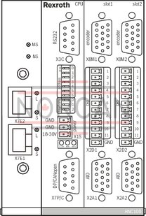 technical illustration-R901134614-For controlling 1 to 4 axes NC programming WinPed 7 operating software<br>
Not released for Windows 10! CE conformity according to EMC directive 2004/108/EC Freely configurable controller variants<br>
- Position control<br>
- Force control<br>
- Pressure control<br>
- Alternating position/pressure or position/force controls<br>
- Velocity control<br>
- Path-dependent decelerating<br>
- Synchronism (master/slave or mean principle) Bus connection (Sercos, PROFINET RT, EtherNet/IP) Actual value detection<br>
- Positional transducer: Incremental<br>
- Positional transducer: Absolute (SSI)<br>
‑ Analog 0 to &plusmn;10 V and 0 (4) to 20 mA Actuating variable output: voltage or current Service interface: RS232, optional TCP/IP