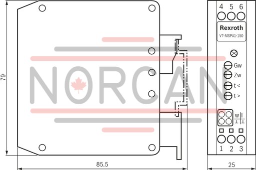 technical illustration-R901288142-Differential input for voltage Ramp generator with separately adjustable ramp times "up/down" Adjustable zero point and sensitivity Characteristic curve generator Clocked power output stage Dither generator LED display for "ready for operation" Reverse polarity protection for the operating voltage