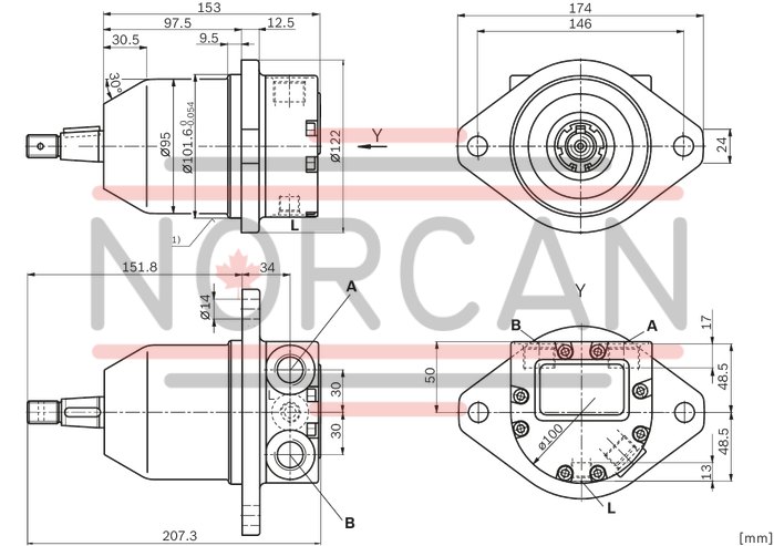 technical illustration-R902504508-Space-saving construction due to recessed mounting flange Approved for high speeds Long service life High power density Low operating noise Optional with integrated anti-cavitation valve, e.g. for fan drives Optional with speed sensor Swashplate design