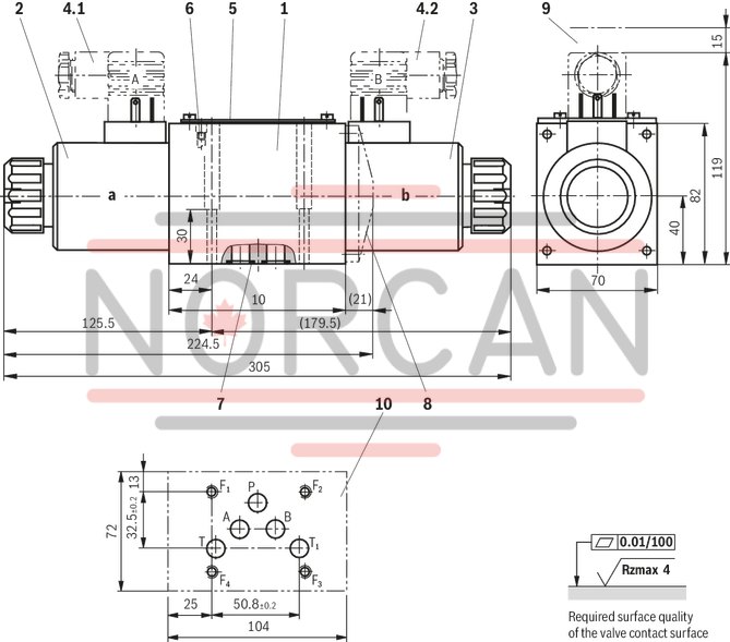 technical illustration-R900924377-Direct operated proportional directional valve without electrical position feedback, with&nbsp;external electronics Control of the direction and magnitude of a flow Operation by means of proportional solenoids with central thread and detachable coil For subplate mounting: Porting pattern according to ISO 4401 Spring-centered control spool