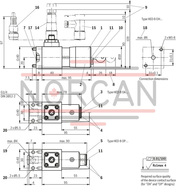 technical illustration-R901102362-200 bar, micro switch with NC contact/NO contact function, device connector DIN EN 175301-803 (large cubic connector)
