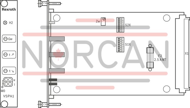 technical illustration-R978914789-Differential input, switchable from voltage to current input Additional non-isolated command value input Ramp generator, separately adjustable for upwards and downwards direction Cable break detection for current input 4 to 20&nbsp;mA Reverse polarity protection for the operating voltage Short-circuit protection and cable break detection of the solenoid conductor "Ready for operation" message Clocked power output stage