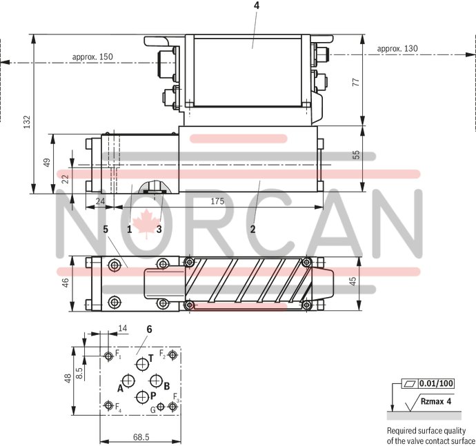 technical illustration-R901182077-Direct operated high-response valves with control spool and sleeve in servo quality Operated on one side, 4/4 fail-safe position in switched-off condition Integrated digital axis control functionality (IAC-R) for:<br>
- Position control with underlying velocity control<br>
- DSC functionality Analog and digital interfaces for command and actual values<br>
- 4 x analog sensors (+/-10 V or 4 ... 20 mA) or<br>
- 1 x length measurement system (1 Vpp or SSI) and 2 analog sensors Command value presetting/actual value response analog (current or voltage) via field bus Analog/digital inputs/outputs, configurable Fieldbus connection<br>
- CAN bus with CANopen protocol DS408<br>
- Profibus-DP Vo/V1 Quick start-up via PC and commissioning software