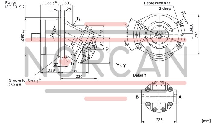 technical illustration-R902155652-Space-saving construction due to recessed mounting flange Easy to install, simply slide into the mechanical gearbox High power density Very high total efficiency High starting efficiency Optional with integrated pressure relief valve Optional with mounted addifitonal valve: counterbalance valve (BVD/BVE), flushing and boost-pressure valve Bent-axis design