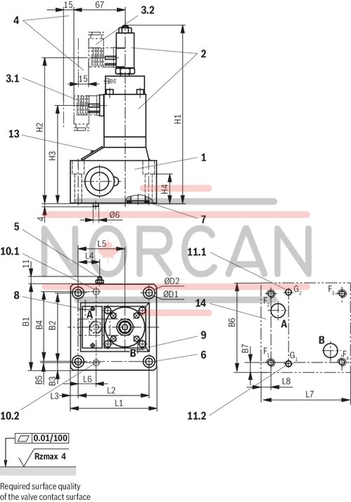technical illustration-R901105144-Valve with pressure compensator for pressure-compensated controlling of a flow Proportional solenoid operation For subplate mounting: Porting pattern according to ISO 6263 With electrical position control for the metering orifice Axially movable position transducer coil, therefore an easy zero point calibration of the metering orifice is possible without having to interfere with the control electronics (electrical-hydraulic) Low manufacturing tolerance of the valve and electric amplifier and amplifier module Flow control in both directions through rectifier sandwich plate
