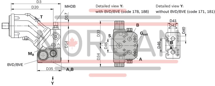 technical illustration-R902202055-Large variety of available nominal sizes allows exact adjustment to the application High power density Very high total efficiency High starting efficiency Working ports SAE flange or thread Optional with integrated pressure relief valve Optional with mounted addifitonal valve: counterbalance valve (BVD/BVE), flushing and boost-pressure valve Bent-axis design