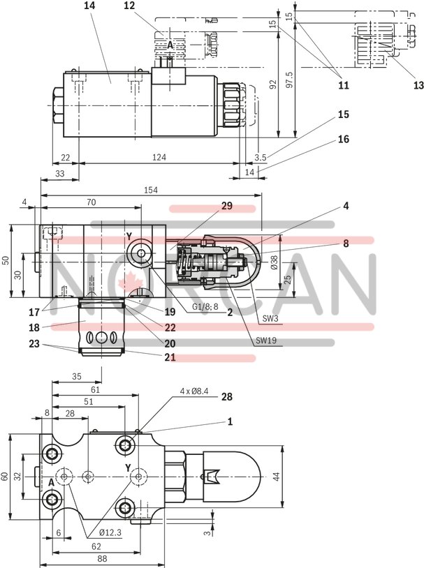 technical illustration-R978916947-For subplate mounting As cartridge valve 4 adjustment types, optionally:<br>
&bull; Rotary knob<br>
&bull; Adjustment spindle with protective cap<br>
&bull; Lockable rotary knob with scale<br>
&bull; Rotary knob with scale 4&nbsp;pressure ratings Solenoid-operated unloading via built-on directional spool valve