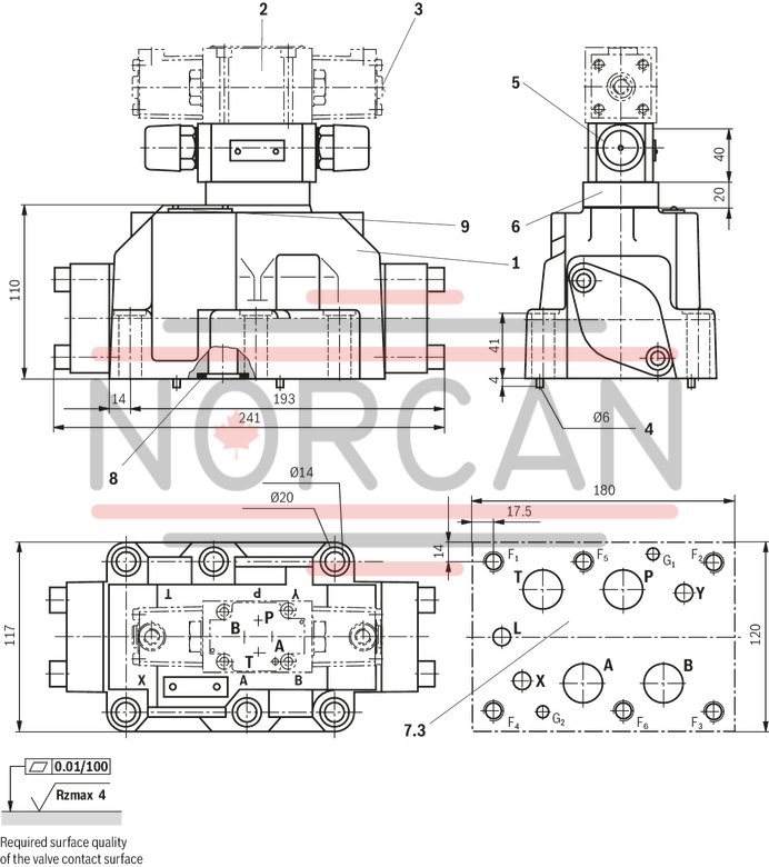 technical illustration-R978891904-Type of actuation: pneumatic-hydraulic For subplate mounting Porting pattern according to ISO&nbsp;4401 Subplates according to data sheets 45054 to 45060 (separate order) Spring centering, spring end position or hydraulic end position Optional auxiliary operating device Switching time adjustment, optional Preload valve in channel P of the main valve, optional Stroke setting at main spool, optional Stroke setting and/or end position control, optional Inductive position switch and proximity sensors (contactless)