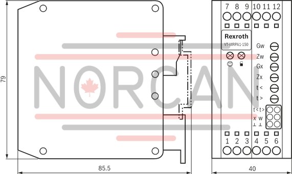 technical illustration-R901080965-Differential input for voltage Ramp generator with separately adjustable ramp times "up/down" Adjustable zero point and sensitivity Enable input Cable break detection for actual value cable Reverse polarity protection for the operating voltage LED displays for ready for operation and enable