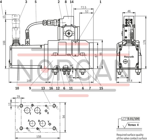 technical illustration-R901362784-Valve to control position, force, pressure or velocity 3-stage servo valve with electrical position control of the control spool of the 3rd stage, position sensing of the control spool by means of an inductive position transducer 2-stage pilot control valve of size 6 with high dynamics 1st stage nozzle/flapper plate amplifier Filter for 1st stage freely accessible and replaceable from the outside For subplate mounting: Porting pattern according to ISO 4401 Can also be used as 3-way version Valve and integrated control electronics are adjusted and tested Optimized valve control loop High response sensitivity, very low hysteresis and zero point drift Internal or external pilot oil supply and pilot oil return available Gap seals at pressure chambers of the control sleeve, no O-ring wear