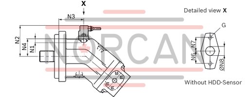 technical illustration-R902202055-Large variety of available nominal sizes allows exact adjustment to the application High power density Very high total efficiency High starting efficiency Working ports SAE flange or thread Optional with integrated pressure relief valve Optional with mounted addifitonal valve: counterbalance valve (BVD/BVE), flushing and boost-pressure valve Bent-axis design