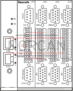 technical illustration-R901134614-For controlling 1 to 4 axes NC programming WinPed 7 operating software<br>
Not released for Windows 10! CE conformity according to EMC directive 2004/108/EC Freely configurable controller variants<br>
- Position control<br>
- Force control<br>
- Pressure control<br>
- Alternating position/pressure or position/force controls<br>
- Velocity control<br>
- Path-dependent decelerating<br>
- Synchronism (master/slave or mean principle) Bus connection (Sercos, PROFINET RT, EtherNet/IP) Actual value detection<br>
- Positional transducer: Incremental<br>
- Positional transducer: Absolute (SSI)<br>
‑ Analog 0 to &plusmn;10 V and 0 (4) to 20 mA Actuating variable output: voltage or current Service interface: RS232, optional TCP/IP