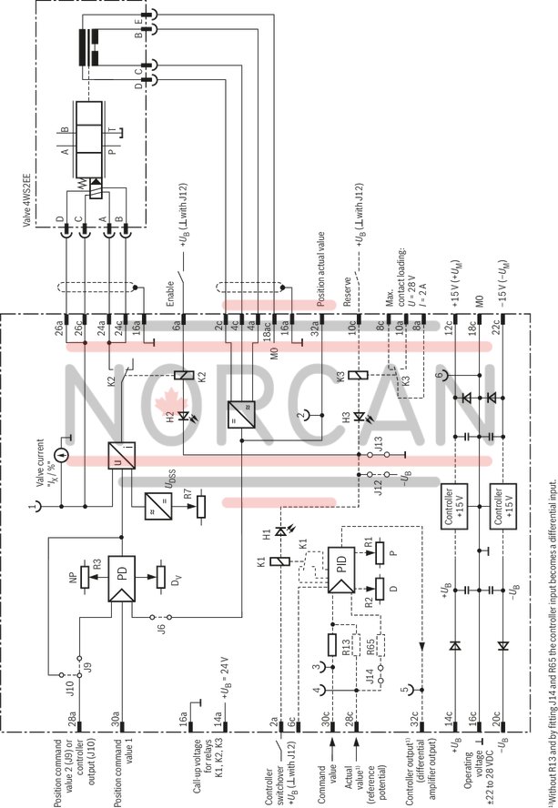 technical illustration-R978912391-Voltage input Controller for valve flow and main control spool position Oscillator/demodulator for inductive position feedback Enable input Output stage with dither signal Measuring instrument for valve flow display Reverse polarity protection for the operating voltage