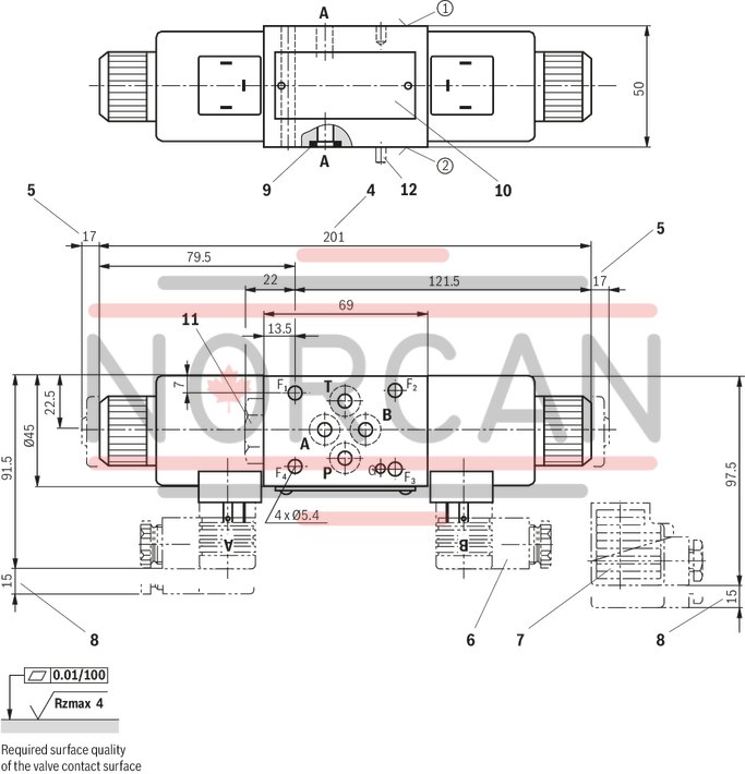 technical illustration-R900945999-Direct-controlled directional slide valve with solenoid actuation Sandwich plate valve As stop straight-through valve or stop straight-through short circuit valve Porting pattern according to DIN&nbsp;24340 form&nbsp;A (without locating hole), (standard) Porting pattern according to ISO&nbsp;4401-03-02-0-05 (with locating hole) Wet-pin AC or DC solenoids Manual override, optional