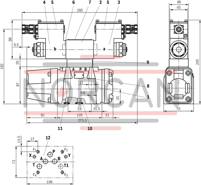 technical illustration-R901149529-4/2 or 4/3 directional design For intended use in potentially explosive atmosphere For the control of flow direction and size For subplate mounting Porting pattern according to ISO&nbsp;4401 Spring-centered control spool Actuation by means of the pilot control valve (3-way pressure reducing valve) Solenoid coil is rotatable by 90&deg;