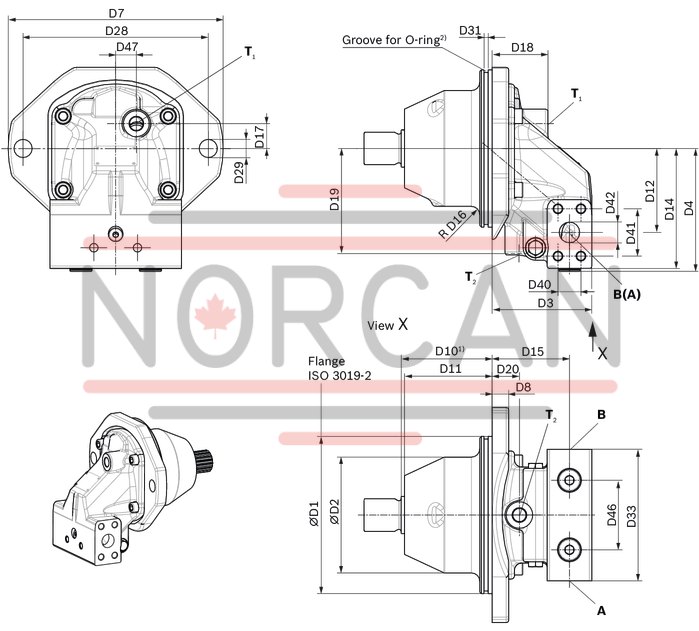 technical illustration-R902269716-3 pressure ranges to fit to different customer requirements and applications Space-saving construction due to recessed mounting flange Very high power density Very high total efficiency High starting efficiency Optional with integrated flushing valve Robust 40&deg; bent-axis technology Bent-axis design