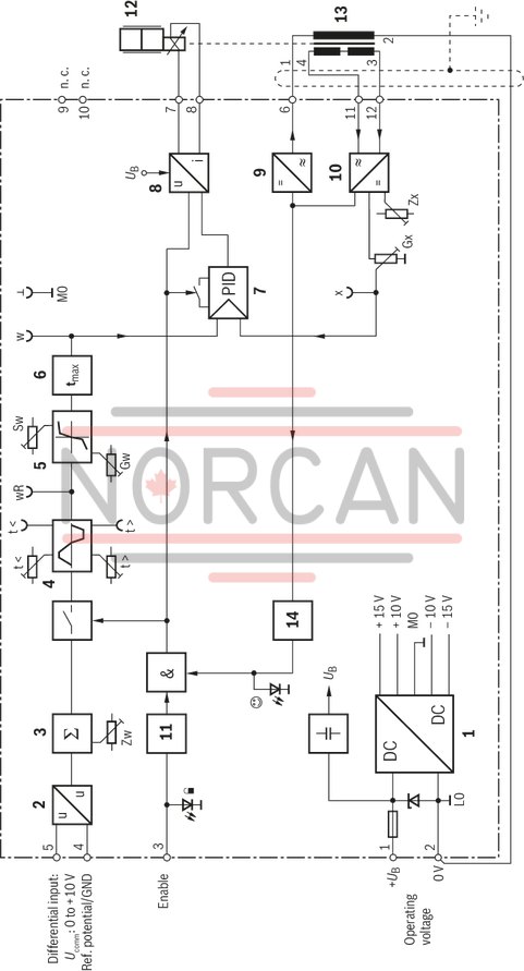 technical illustration-R901094750-Differential input for voltage Ramp generator with separately adjustable ramp times "up/down" Adjustable zero point and sensitivity Adjustable step level Cable break detection for actual value cable Reverse polarity protection for the operating voltage LED displays for ready for operation and enable