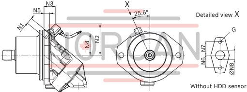 technical illustration-R902155652-Space-saving construction due to recessed mounting flange Easy to install, simply slide into the mechanical gearbox High power density Very high total efficiency High starting efficiency Optional with integrated pressure relief valve Optional with mounted addifitonal valve: counterbalance valve (BVD/BVE), flushing and boost-pressure valve Bent-axis design