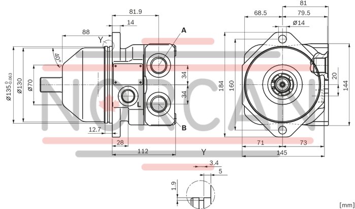 technical illustration-R902504508-Space-saving construction due to recessed mounting flange Approved for high speeds Long service life High power density Low operating noise Optional with integrated anti-cavitation valve, e.g. for fan drives Optional with speed sensor Swashplate design