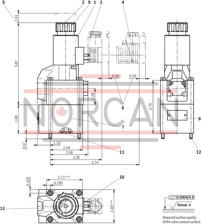 technical illustration-R978912666-Direct operated directional seat valve with solenoid actuation Porting pattern according to ISO&nbsp;4401-05-04-0-05 Blocked port is leak-free closed Reliable switching when under pressure over longer periods of standstill Air-gap DC solenoids with detachable coil (AC voltage possible by means of a rectifier) Solenoid coil is rotatable by 90&deg; Electrical connection as individual connection With concealed manual override, optional Inductive position switch (contactless), optional