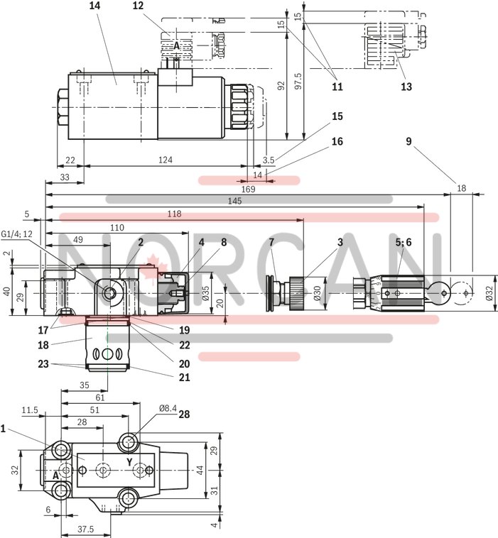 technical illustration-R978916947-For subplate mounting As cartridge valve 4 adjustment types, optionally:<br>
&bull; Rotary knob<br>
&bull; Adjustment spindle with protective cap<br>
&bull; Lockable rotary knob with scale<br>
&bull; Rotary knob with scale 4&nbsp;pressure ratings Solenoid-operated unloading via built-on directional spool valve