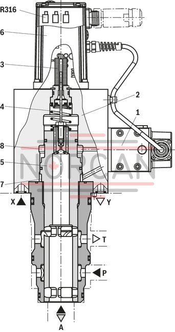 technical illustration-R900974179-High-response valve in block installation design Suitable for position, pressure, force and velocity control Pilot valve: 2-stage, mechanically returned Sercos valve NG6 or 10, trimmed, opens the main stage from A to T in case of power failure and applied pilot pressure Main stage with position control Integrated electronics (OBE) Typical applications:<br>
Presses<br>
Die casting machines<br>
Nibbling axes