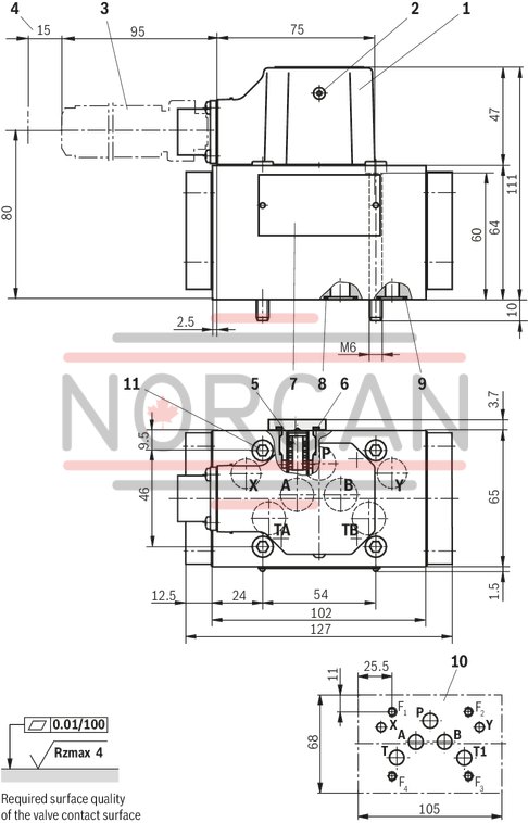 technical illustration-R900245288-Valve to control position, force, pressure or velocity 2-stage servo valve with mechanical or mechanical and electrical feedback 1st stage nozzle/flapper plate amplifier For subplate mounting: Porting pattern according to ISO 4401 Dry control motor, no contamination of the solenoid gaps by the hydraulic fluid Can also be used as 3-way version Wear-free control spool return element Control external or with integrated electronics (OBE) Valve and integrated control electronics are adjusted and tested Control spool with flow force compensation Control sleeve centrically fixed, thus low susceptibility to temperature and pressure Pressure chambers at the control sleeve with gap seal, therefore no wear of the seal ring Filter for 1st stage freely accessible from the outside