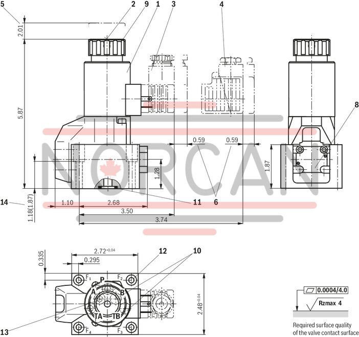technical illustration-R978912666-Direct operated directional seat valve with solenoid actuation Porting pattern according to ISO&nbsp;4401-05-04-0-05 Blocked port is leak-free closed Reliable switching when under pressure over longer periods of standstill Air-gap DC solenoids with detachable coil (AC voltage possible by means of a rectifier) Solenoid coil is rotatable by 90&deg; Electrical connection as individual connection With concealed manual override, optional Inductive position switch (contactless), optional