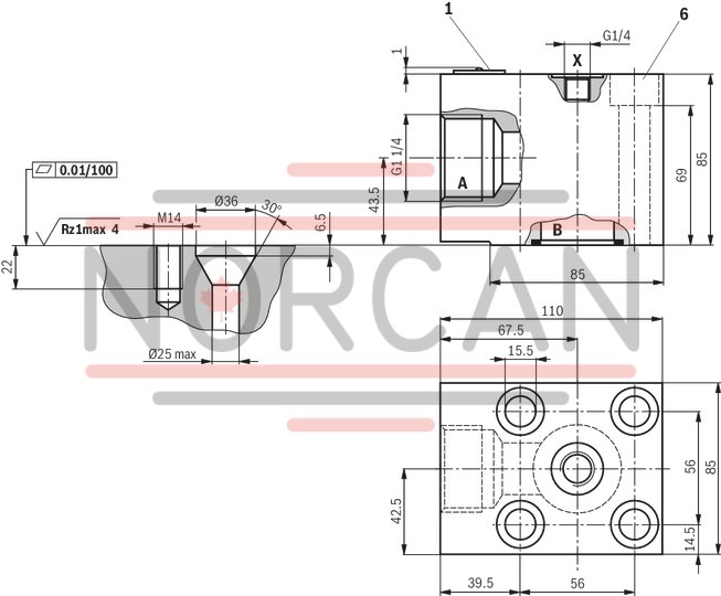 technical illustration-R900964465-Size 40, A → B, hydraulically actuated