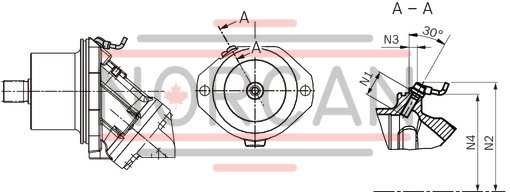 technical illustration-R902155652-Space-saving construction due to recessed mounting flange Easy to install, simply slide into the mechanical gearbox High power density Very high total efficiency High starting efficiency Optional with integrated pressure relief valve Optional with mounted addifitonal valve: counterbalance valve (BVD/BVE), flushing and boost-pressure valve Bent-axis design