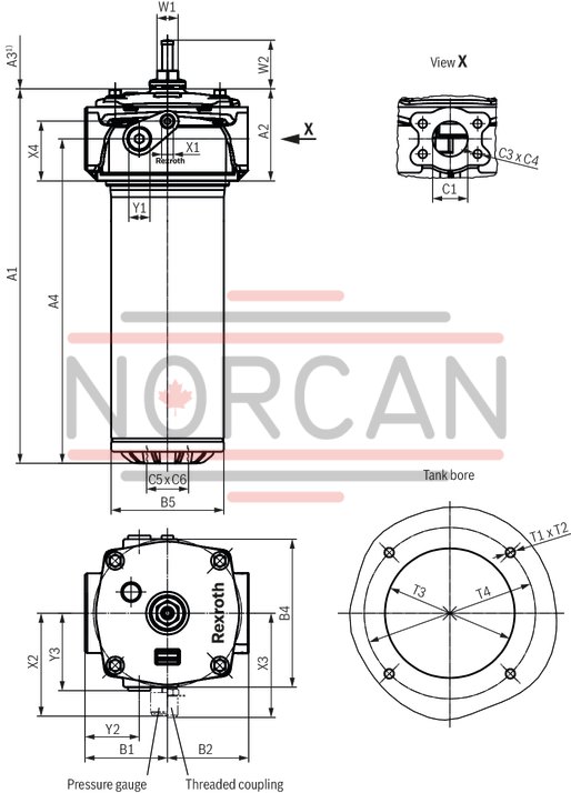 technical illustration-R928054725-Filter f&uuml;r Tankanbau Special highly efficient filter media Filtration of very fine particles and high dirt holding capacity across a broad pressure differential range High collapse resistance of the filter elements Optionally equipped with mechanical optical maintenance indicator with memory function Optional equipment with various electrical switching elements, modular design Standardm&auml;&szlig;ige Filterausstattung mit einem Bypassventil im Filtergeh&auml;use integriert Optional measuring port