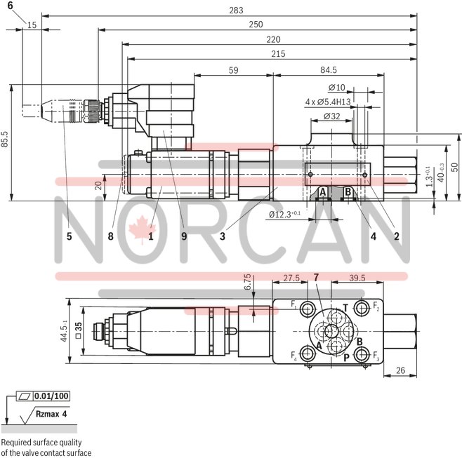 technical illustration-0811402059-Pilot-operated pressure reducing valve in ports A and P1 with pressure limitation Operation by means of a proportional solenoid For subplate mounting or sandwich plate design: Porting pattern according to ISO 4401-03-02-05 Minimum set pressure in ports A or P1 Type DREE with integrated electronics (OBE)