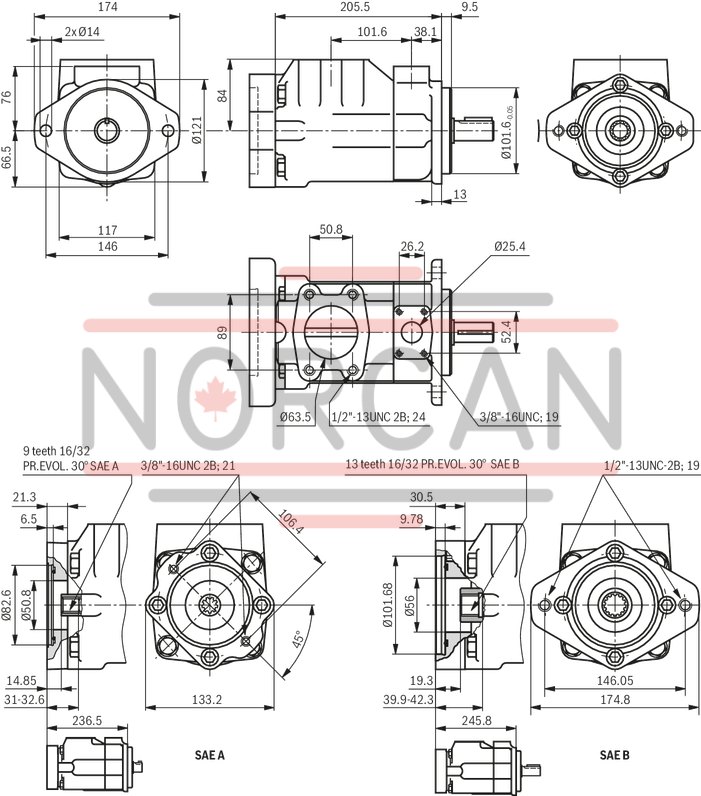 technical illustration-R987200987-Fixed displacement, size 68 cm³, pressure 175 bar, clockwise rotation, 600-1800 rpm, mounting flange SAE-B
