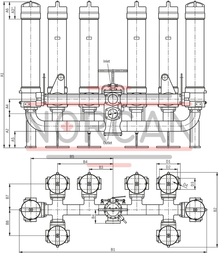 technical illustration-R928020171-Filters for inline installation, switchable Special highly efficient filter media Filtration of very fine particles and high dirt holding capacity across a broad pressure differential range Optionally equipped with mechanical optical maintenance indicator with memory function Optional equipment with various electrical switching elements, modular design Optional bypass valve integrated in the filter housing Switch-over via bank segment change-over Inlet above, outlet below